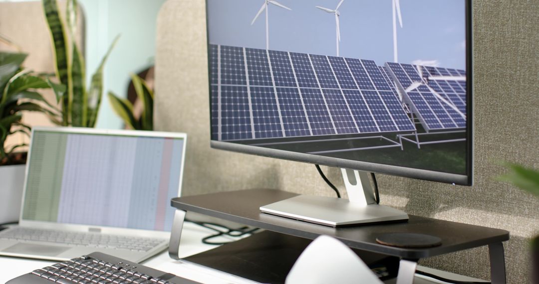 Modern Workspace with Green Energy Display