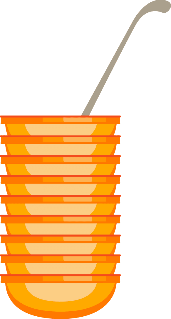 Stacked Nested Orange Mixing Bowls with Ladle on Transparent Background