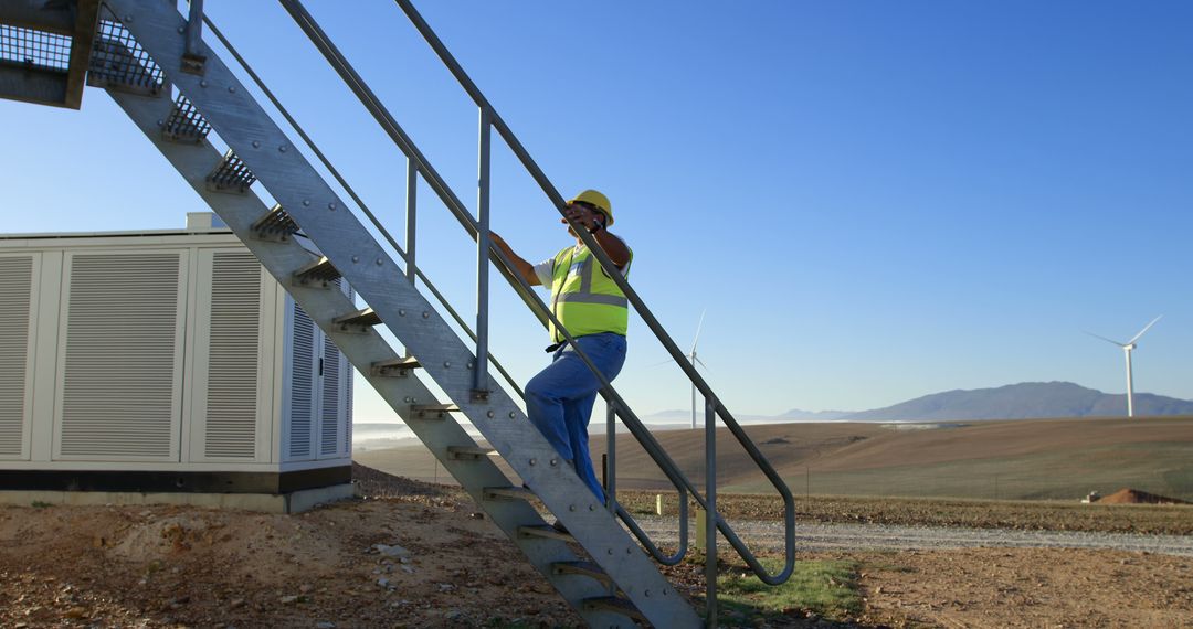 Technician Working at Renewable Energy Site with Wind Turbines in Background - Free Images, Stock Photos and Pictures on Pikwizard.com