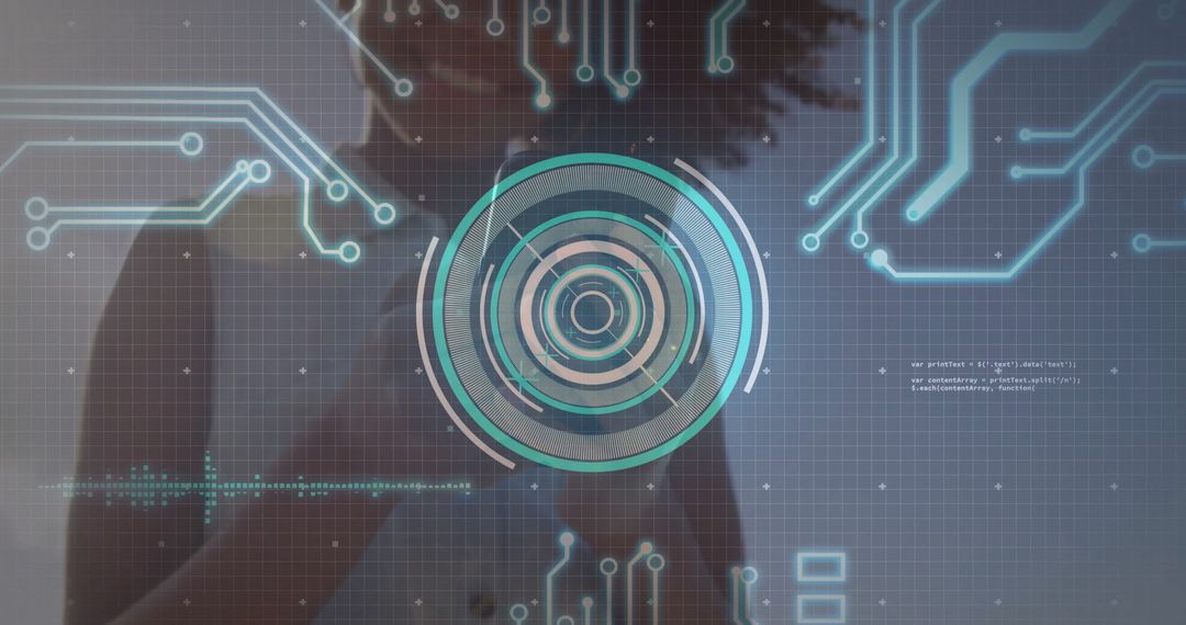 Futuristic Digital Interface with Circular HUD and Circuit Grid Overlay
