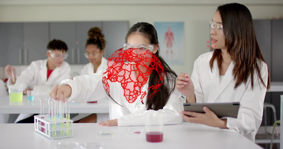 High school students conducting chemistry experiment with red globe network overlay in lab