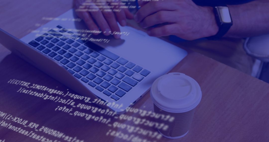 Person Coding on Laptop with Coffee and Digital Overlays