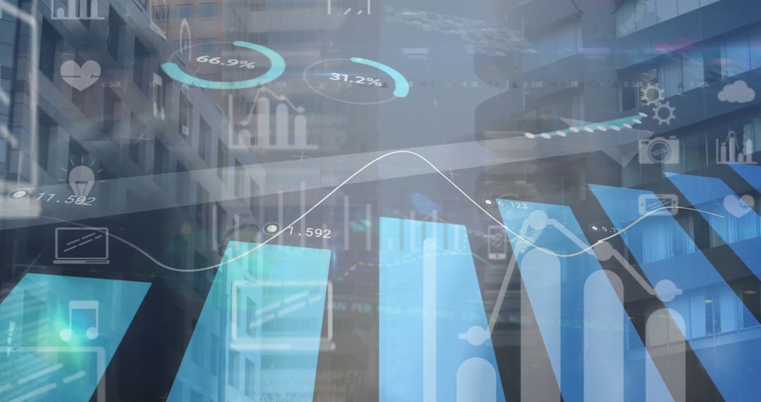 Financial Data in Blue Charts Overlay with Business Concepts