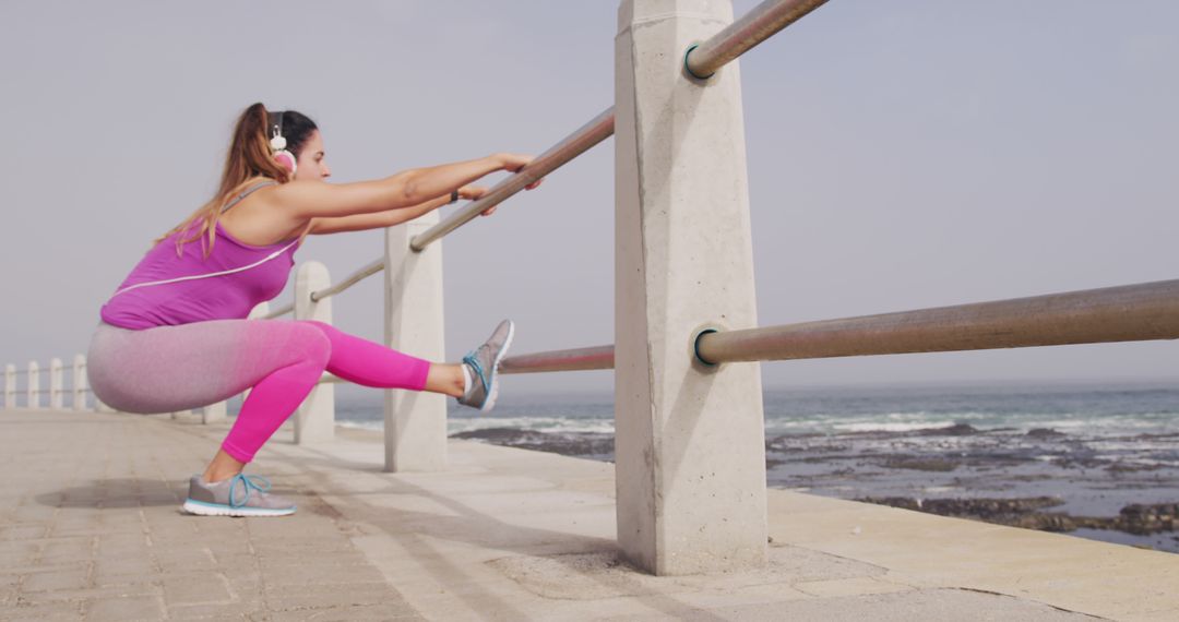 Young Woman Stretching Before Workout Near Ocean - Free Images, Stock Photos and Pictures on Pikwizard.com