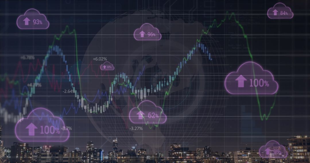 Digital Stock Market with Cloud Icons over City Skyline at Night