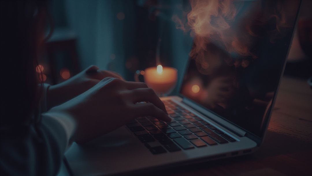 Cozy Nighttime Workspace with Laptop and Candlelight