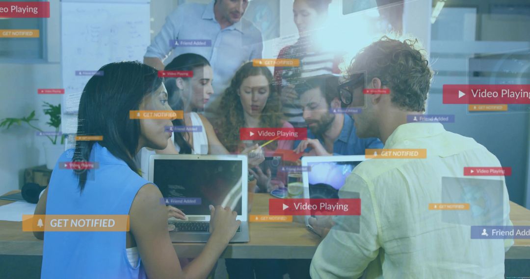 Team Brainstorming with Innovative Digital Interface in Modern Office