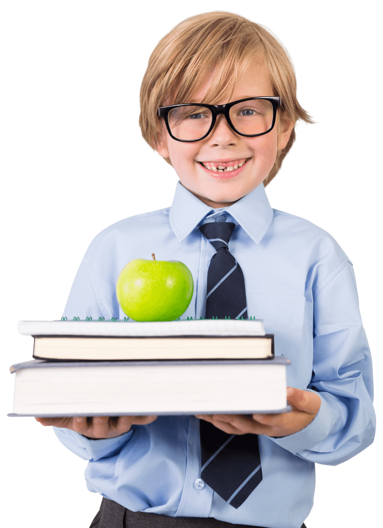 Smiling Schoolboy Holding Books and Apple Transparent Background