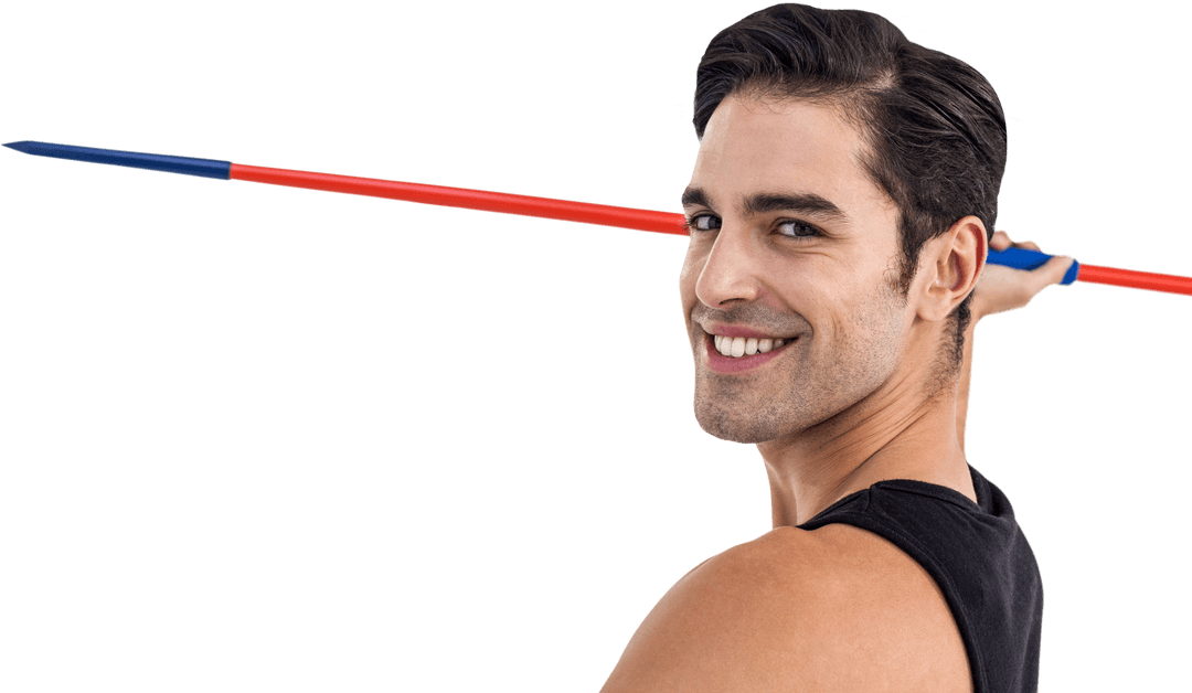 Transparent Portrait of Smiling Athlete Holding Javelin Spear