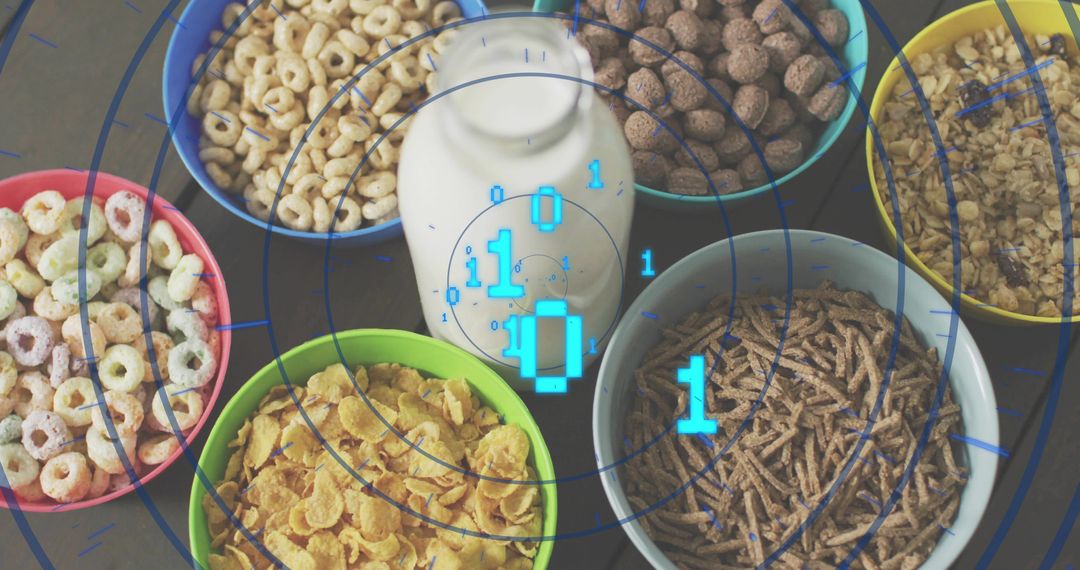 Glass Milk Bottle Surrounded by Assorted Cereal Bowls with Futuristic Binary Overlay