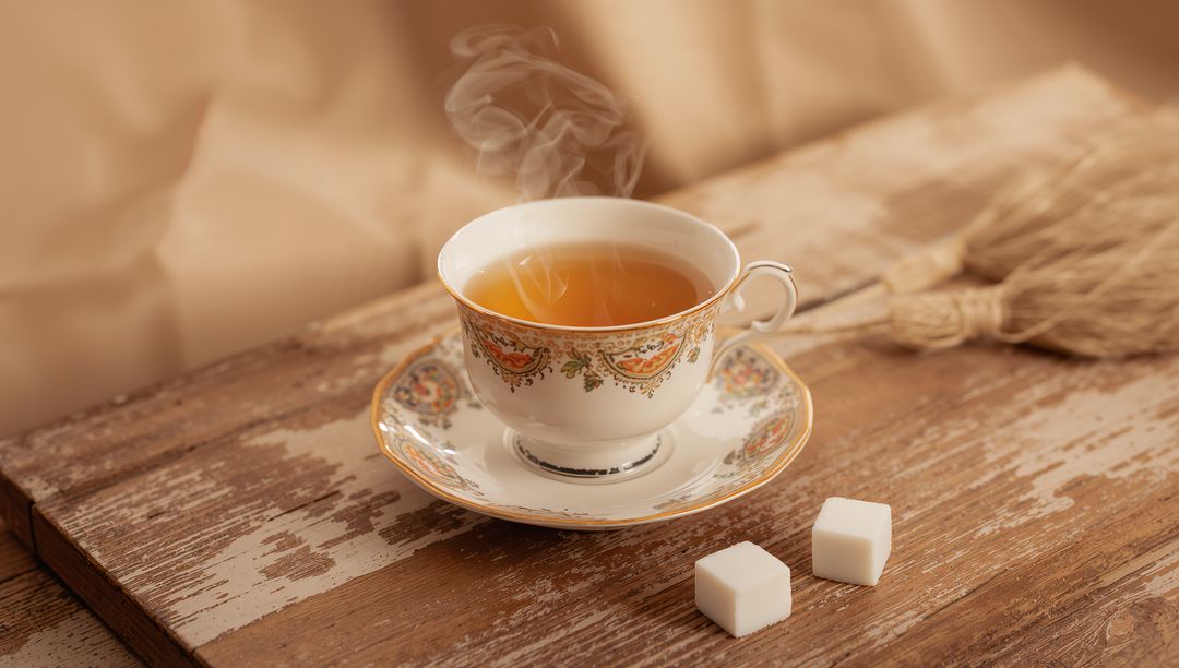 Steaming Ornate Porcelain Teacup on Rustic Wooden Table with Sugar Cubes and Dried Wheat