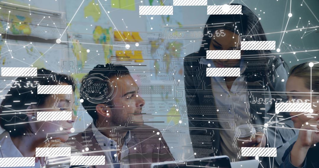 Business Team Collaborating on Data Visualization with High-Tech Network Overlay