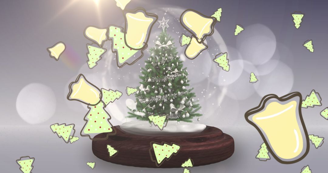 Christmas Tree inside Snow Globe with Festive Icons Celebrating
