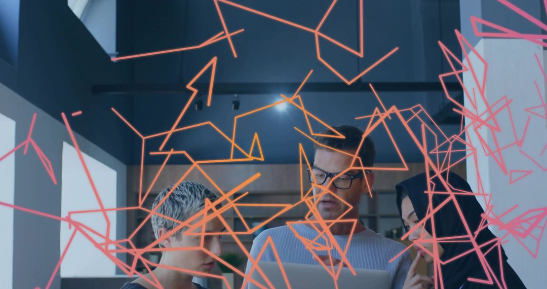 Team Brainstorm with Geometric Digital Overlay in Modern Office