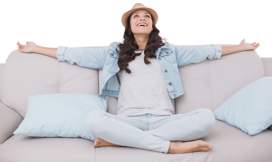 Relaxed Woman Sitting on Sofa Indicating Joyful Lifestyle on Transparent Background