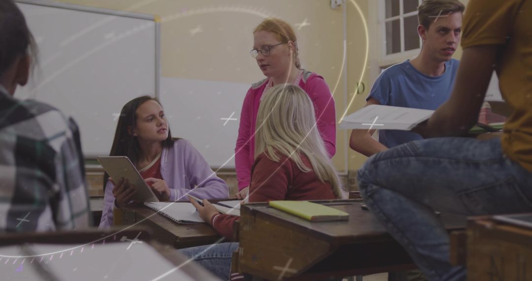 Diverse Students Collaborating in Classroom with Technology