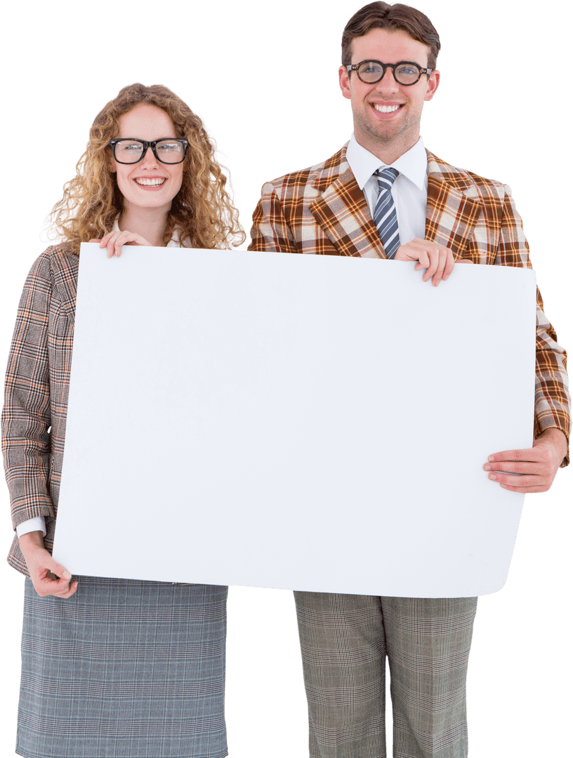 Smiling Hipster Couple Holding Blank Transparent Sign Ready