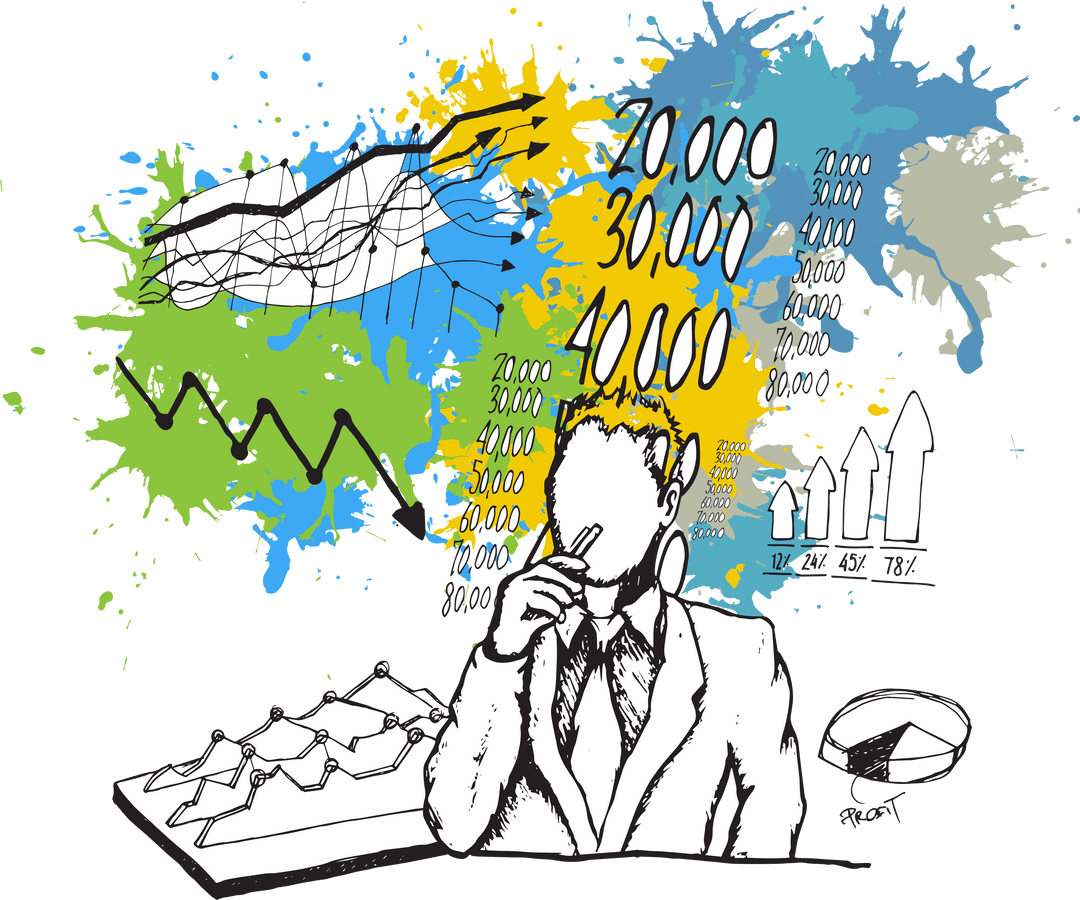 Colorful Cartoon Business Analyst with Transparent Graph Illustration