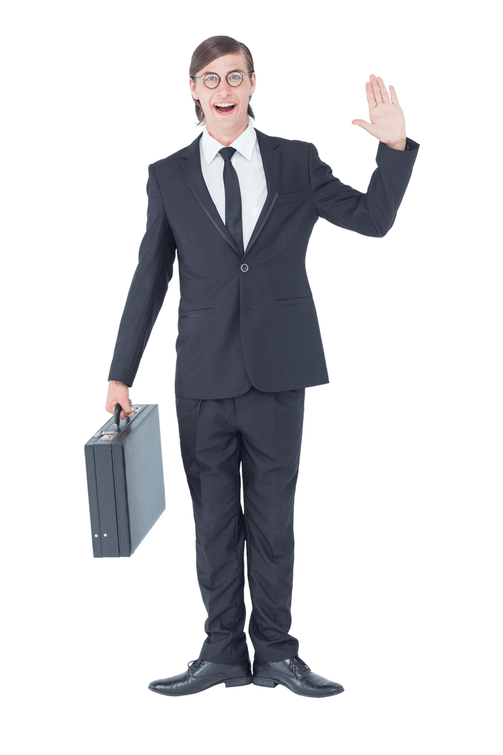 Transparent Geeky Businessman Waving with Briefcase