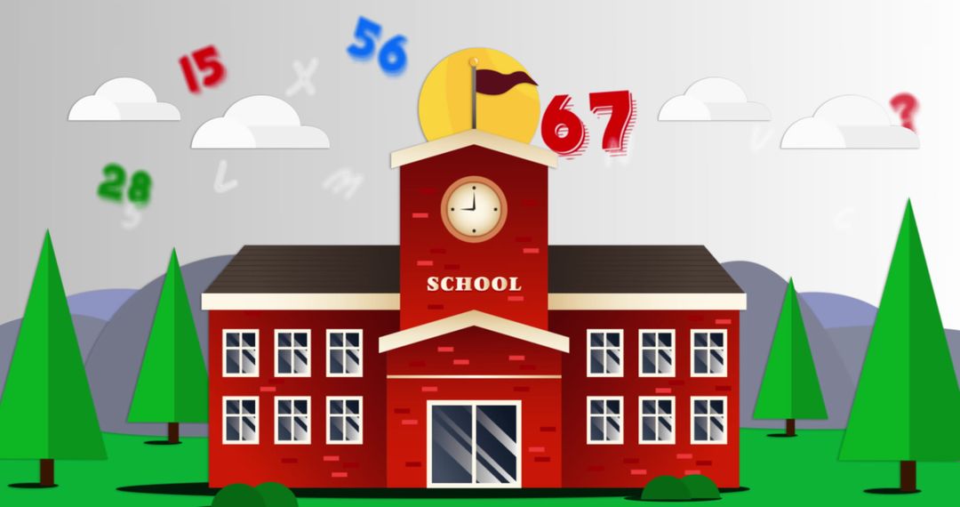 Educational School Building with Numbers Floating Around