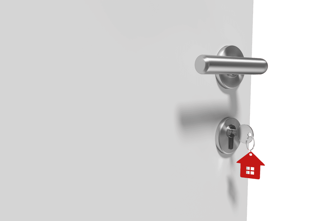 Metal Door Handle with Key In Keyhole on Transparent Background