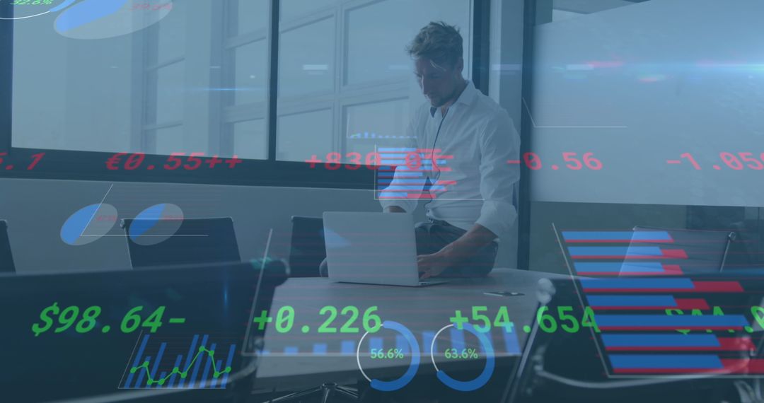 Businessman Analyzing Data in Modern Office with Digital Interface Overlays