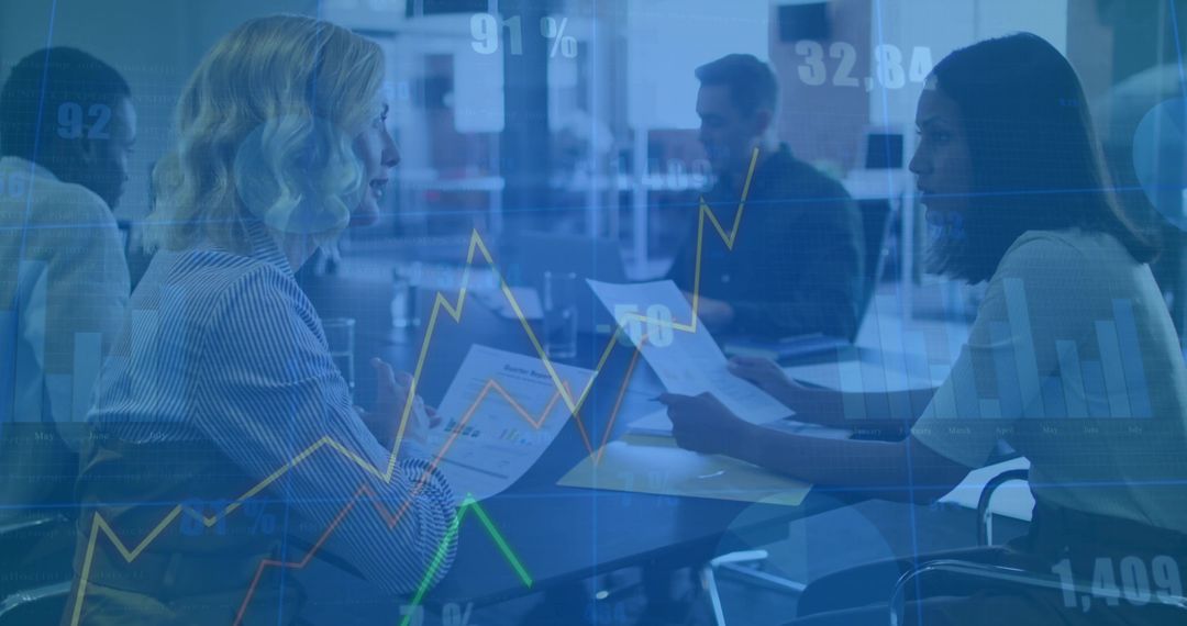 Corporate Team Analyzing Data with Digital Charts Overlay