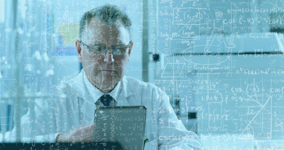 Scientist Engaged in Research with Scientific Formulas Overlay