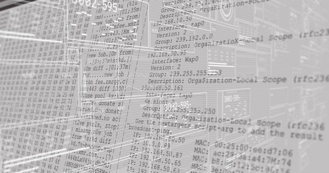 Translucent terminal panels overlaying server rack showing network logs and IP schematics