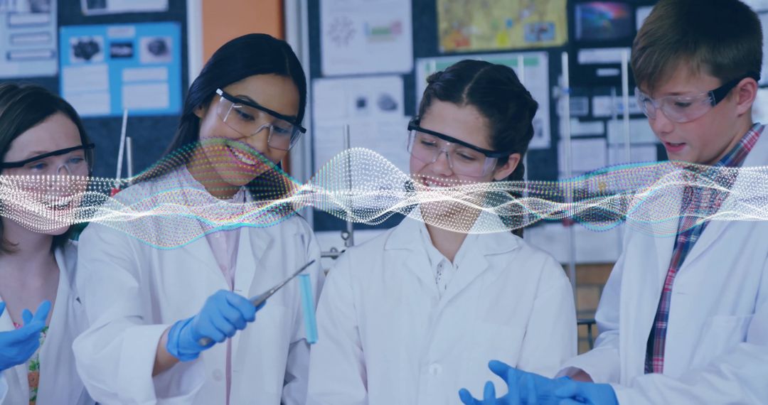 Students Collaborating in the Science Lab with Digital Wave Overlay