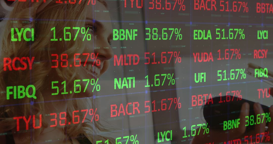 Two Colleagues Analyzing Stock Tickers on Digital Screen with Stylus in Office