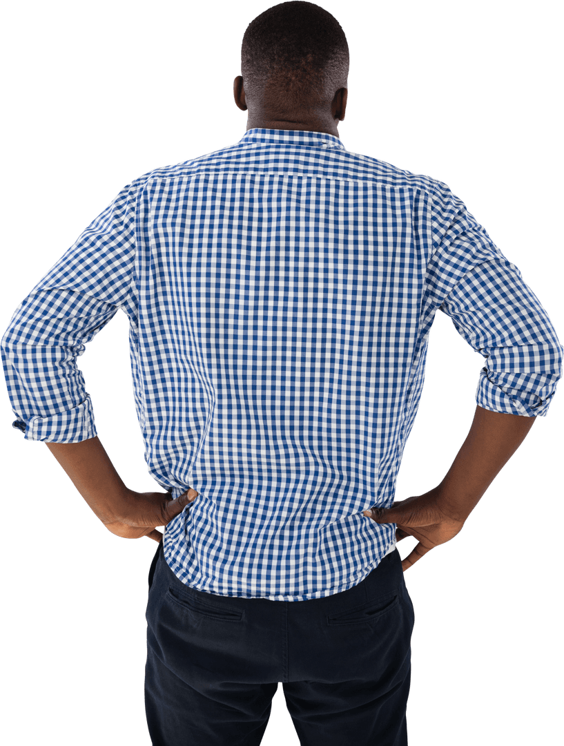 Rear View of Man with Blue Checkered Shirt Standing on Transparent Background