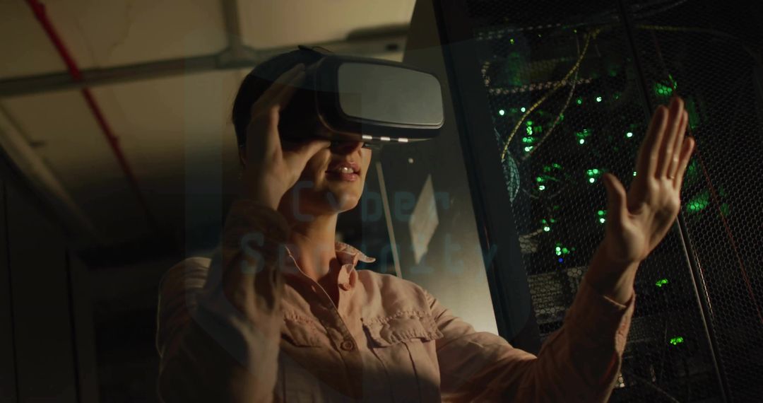 Woman Experiencing Virtual Reality in High-Tech Data Center