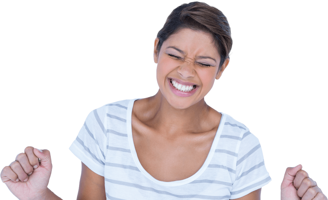 Cheerful Woman Celebrating Success with Clenched Fists, Isolated on Transparent Background