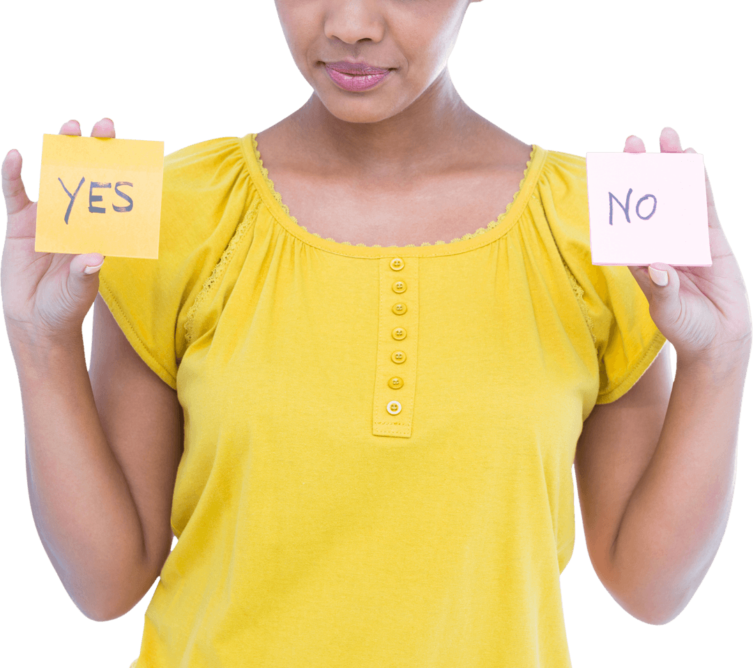 Transparent Image of Woman Holding Yes No Sticky Notes