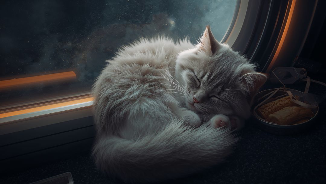 Sleeping cream-white cat curled by spaceship porthole window with soft rimlight and cozy vibe