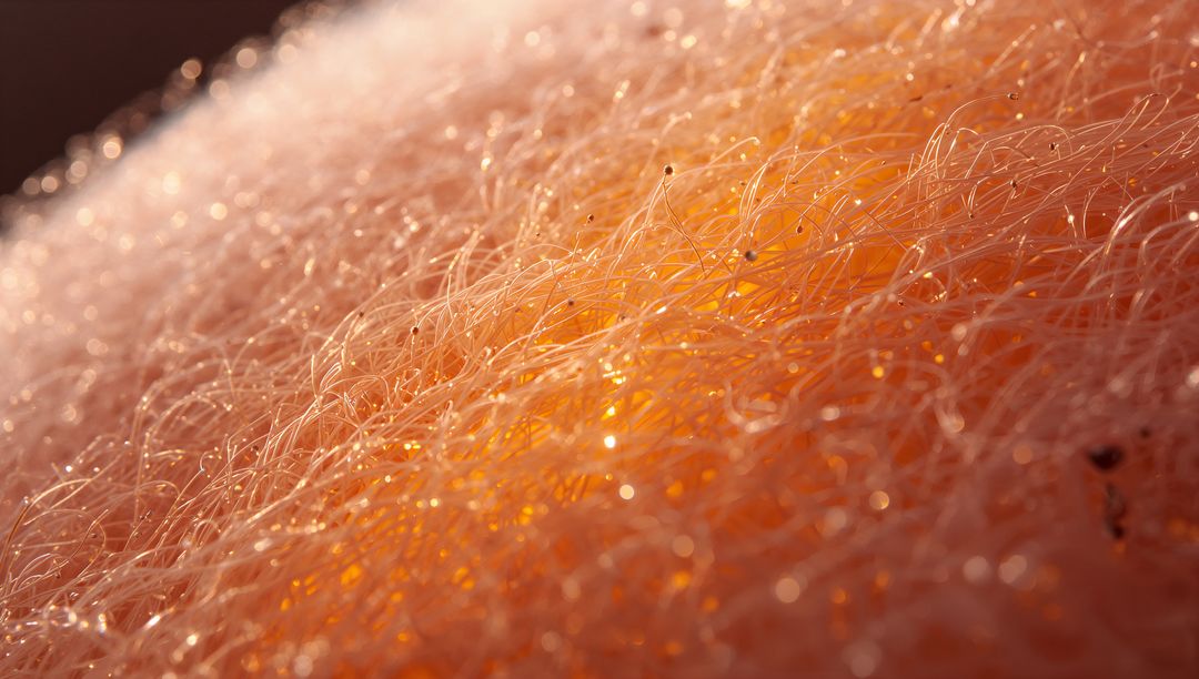 Macro Peach Skin with Dew-Kissed Fine Hairs and Warm Backlit Velvet Glow