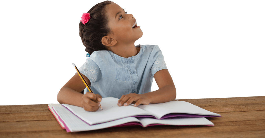 Smiling Girl Writing in Book on Transparent Background