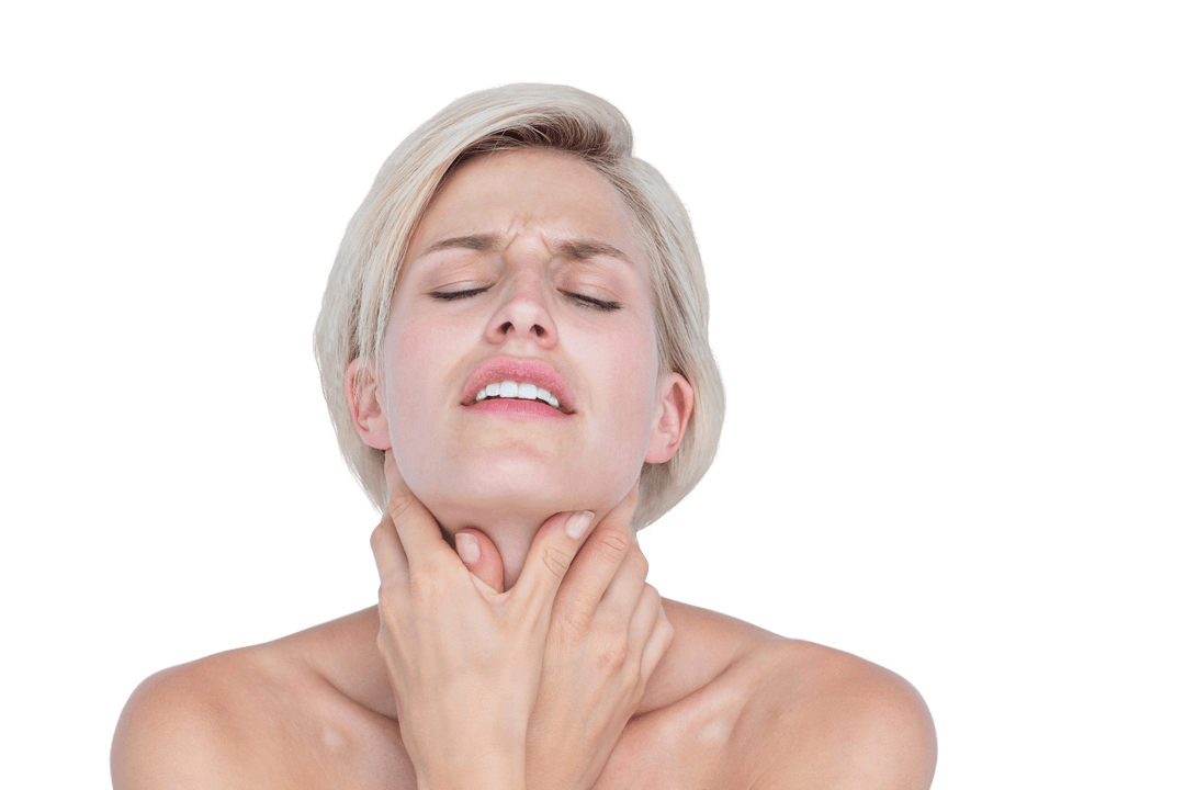 Woman Holding Throat in Pain Expression on Transparent Background