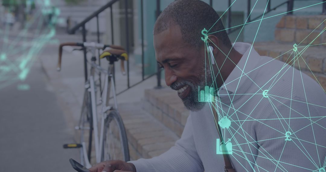 Office Worker on Smartphone with Digital Connections Overlay