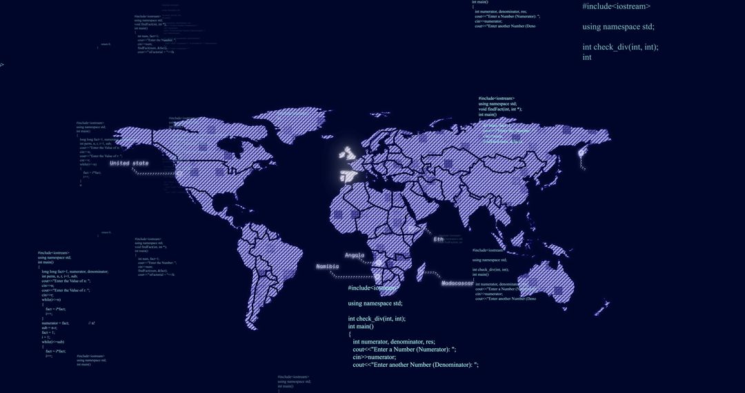 World Map with Digital Code Overlay on Dark Background