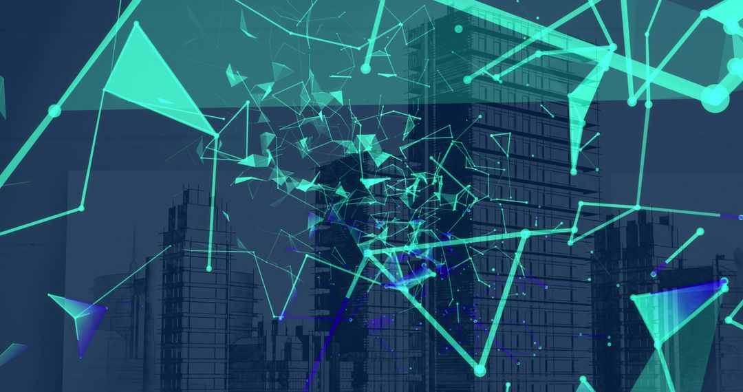 Abstract Geometric Overlay on Futuristic Cityscape