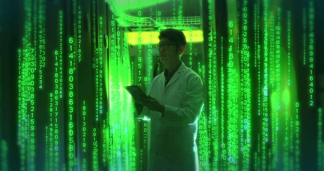 Scientist Analyzing Data in High-Tech Digital Environment