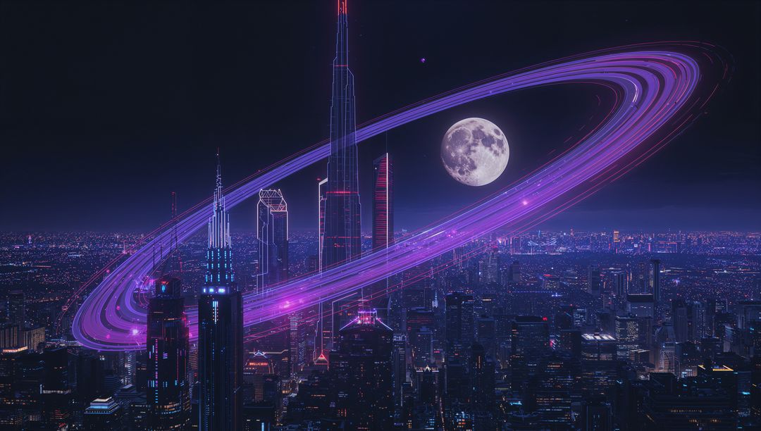 Futuristic Cityscape with Neon Glow and Ringed Orb