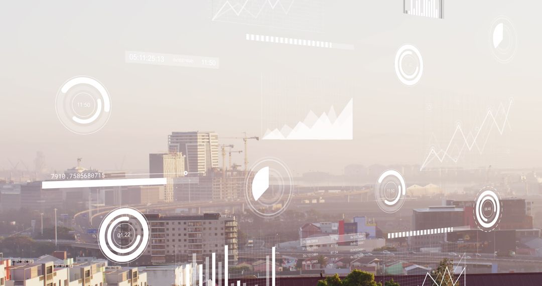 Digital Financial Data Overlay on Urban Cityscape at Dawn