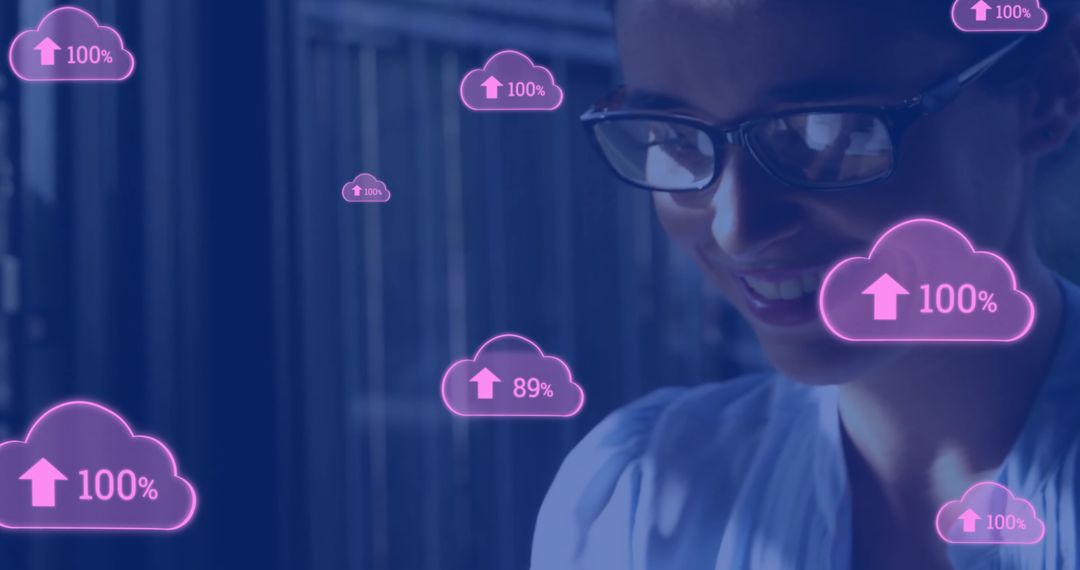 Smiling Professional Engaging with Cloud Technology Digital Display