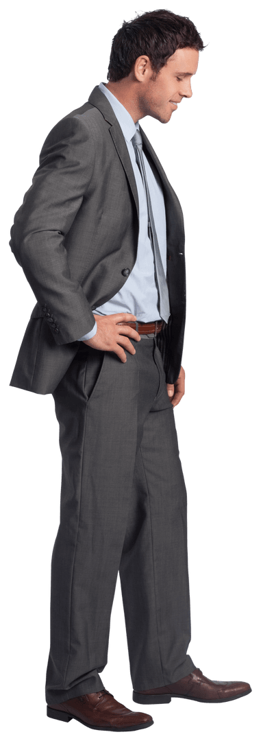 Smiling Businessman in Suit with Hand on Hip Transparent Background