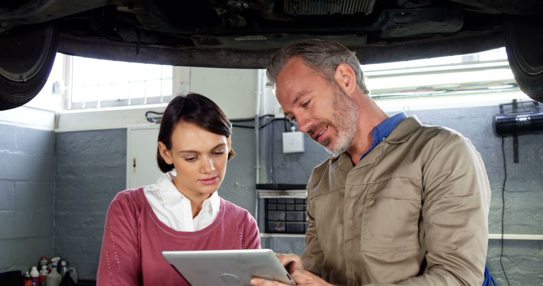 Mechanic Discussing Car Repair Details with Female Customer Using Digital Tablet - Free Images, Stock Photos and Pictures on Pikwizard.com