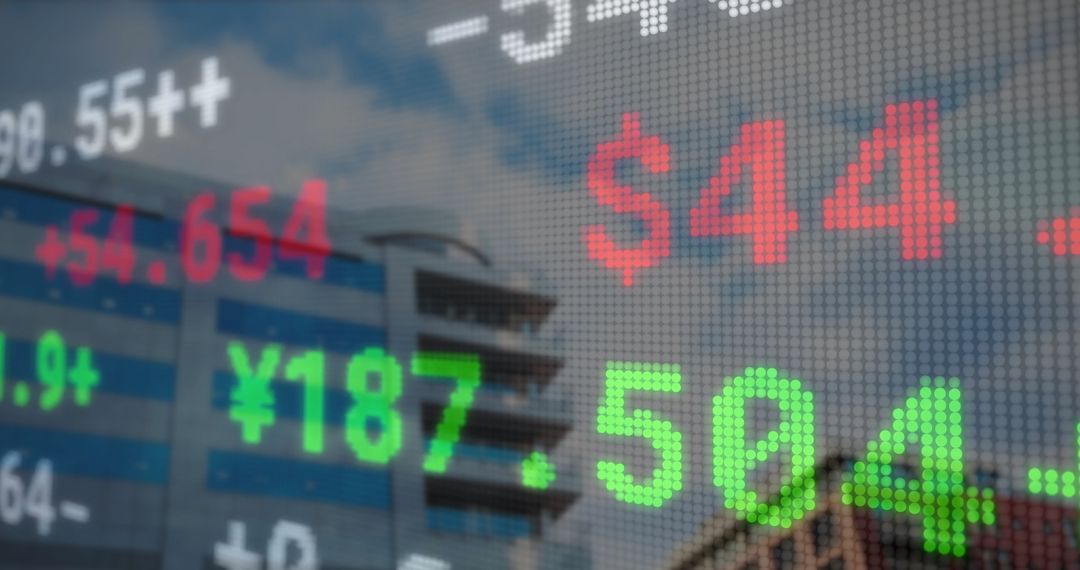 Urban Stock Market Ticker Display with Currency Symbols
