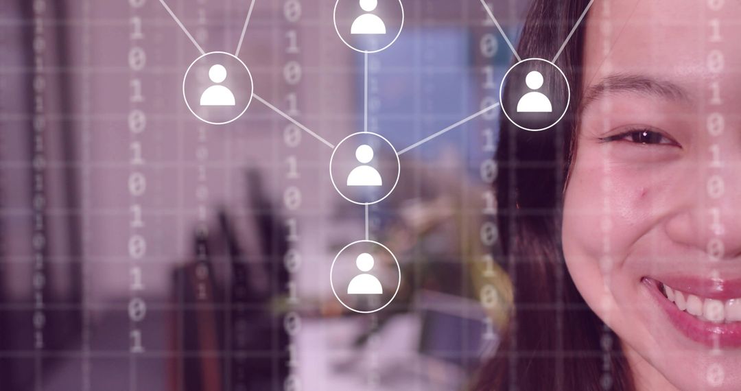Woman Smiling in Office with Virtual Network Interface Overlay